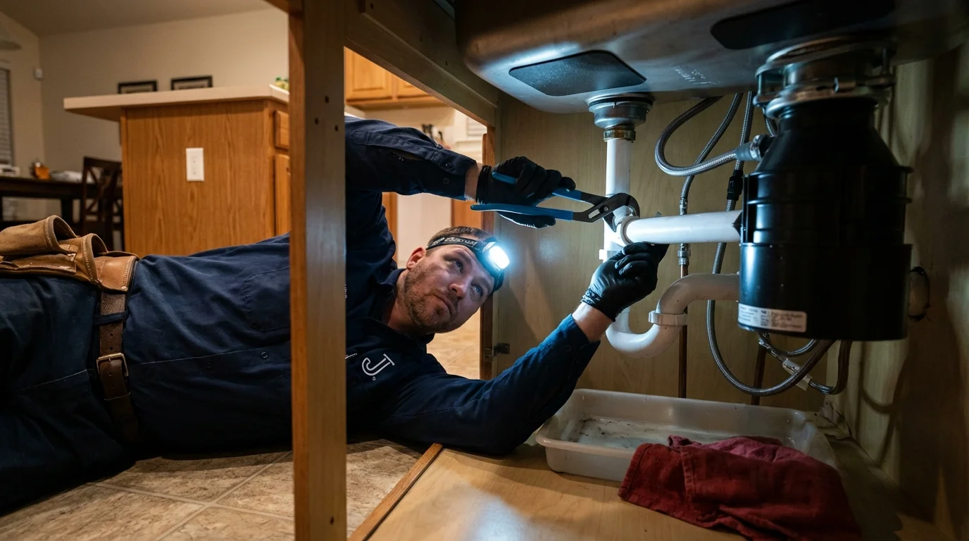 P-trap and supply line connections under a kitchen sink showing a common leak point in Bryans Road, MD